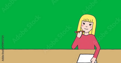 Cartoon student writing on paper at learning desk featuring orange pencil transparent background
