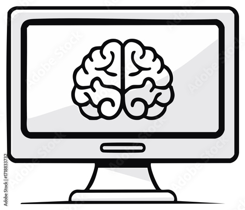 Human Brain Displayed on a Computer Monitor, Representing Artificial Intelligence and Thought Processes