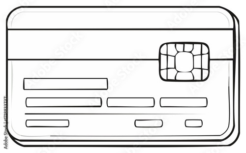 Credit card illustration with chip and spaces for text, in black and white