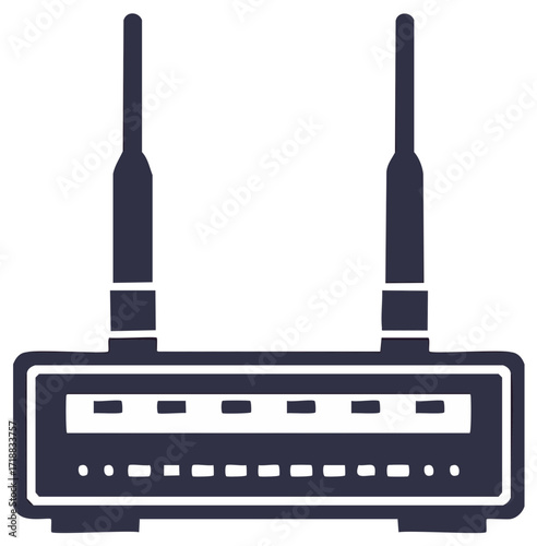 Dark blue icon of wireless router with two antennas and indicator lights on a white background