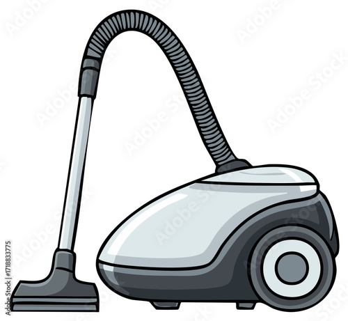 Gray Canister Vacuum Cleaner Illustration with Flexible Hose for Household Cleaning