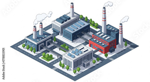 Isometric illustration of industrial complex with various buildings, smokestacks, and greenery.