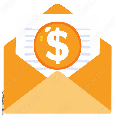Orange envelope with dollar coin and document inside for financial concepts