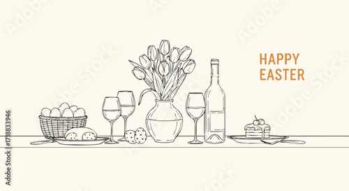 Elegant Happy Easter Celebration with Festive Wine, Delightful Cake, and Charming Tulips in a Vase for a Joyful Spring Holiday Greeting