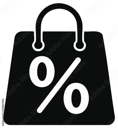 Digital shopping bag icon with percentage symbol representing retail sales discount promotion and special offer