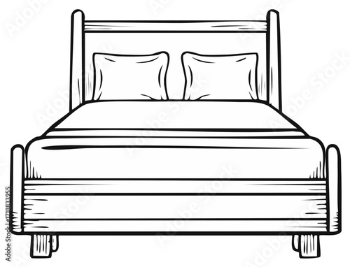 Simple line art of a wooden four poster bed with two pillows