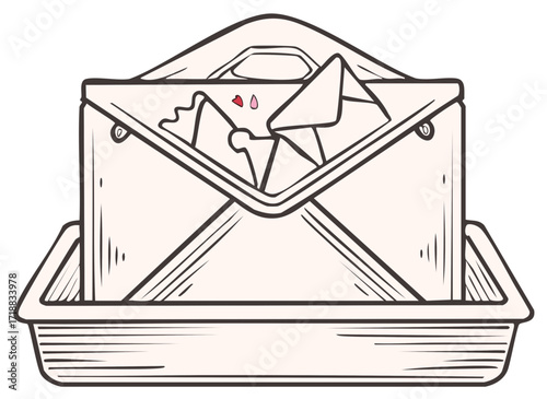 Line art illustration of an open envelope with correspondence and love letters in a mail tray