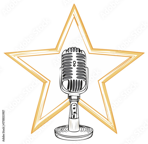 Vintage microphone in front of a star shape, podcast logo
