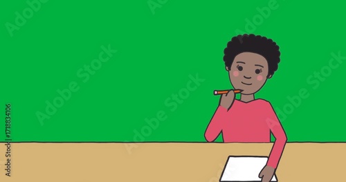 Cartoon educator sketching lesson plan with pencil on tabletop, with transparent background