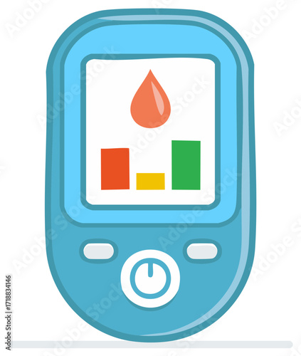 Cartoon glucose meter with blood drop and bar graph