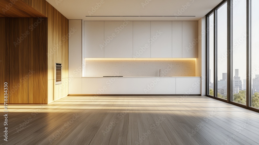 Fototapeta premium A bright, modern kitchen with light-wood paneling and white cabinetry, showcasing a city view through expansive windows.