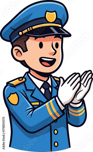 happy police officer applauding joyful cartoon illustration, isolated on transparent background