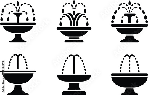Water fountain icons, black silhouette vector set, decorative spray clipart, garden design symbols, architectural elements, outdoor feature illustrations