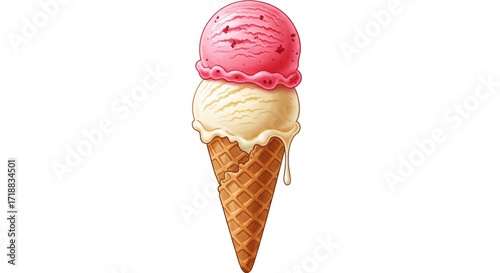 A double scoop ice cream cone, strawberry and vanilla, melting slightly, on a white background.