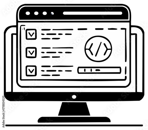 Doodle line art icon of software development with code symbol and checklist on computer monitor