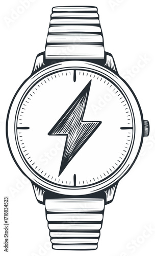 Hand drawn illustration of a wristwatch with a lightning bolt symbol in the center of the watch face