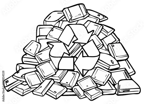 Pile of electronic devices for recycling with recycling symbol, monochrome outline illustration, recycling of e-waste, eco concept