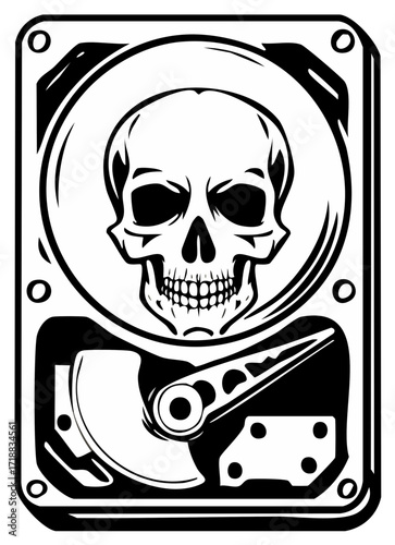 Skull on an open computer hard drive symbolizing data death and cyber threats