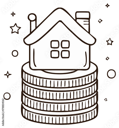 Line art house on a stack of coins for real estate finance and property investment