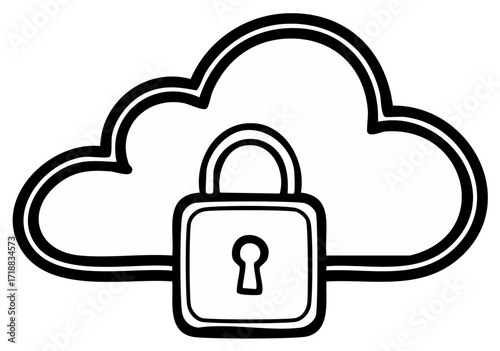 Hand Drawn Cloud Security Lock, Conceptual Online Data Safety Pictogram