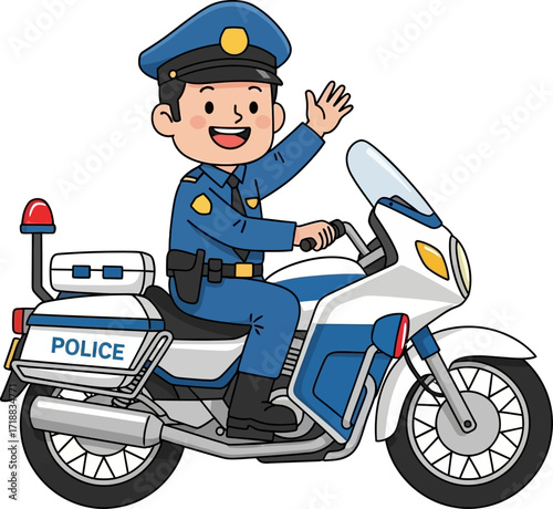 happy police officers joyful motorbike ride a cheerful cartoon illustration, isolated on transparent background