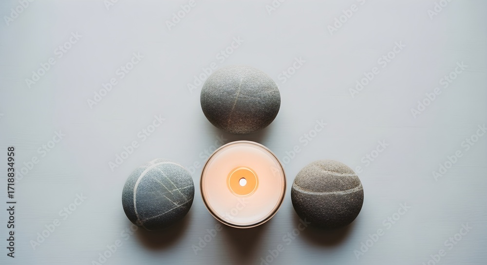 Obraz premium A lit candle surrounded by smooth stones evokes tranquility and mindfulness, perfect for relaxation, spa, or meditation concepts.