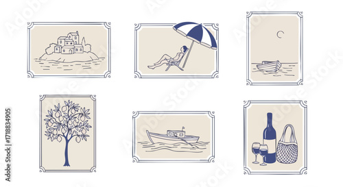 Charming collection of vintage-style illustrations evoking Mediterranean coastal life, perfect for travel and lifestyle branding.