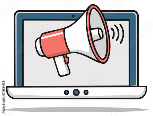 Digital megaphone announcement from laptop screen with sound waves illustration
