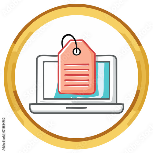 Online shopping concept illustration of laptop with price tag in golden circle frame