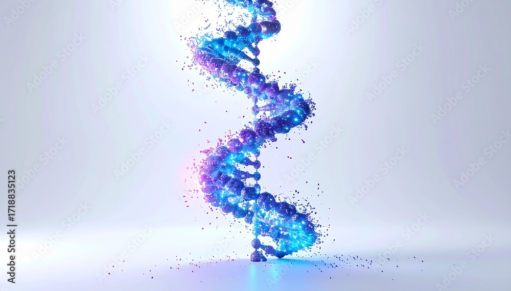 Obraz premium Abstract 3D rendering of a glowing DNA double helix composed of vibrant blue and purple particles dissolving into a mist
