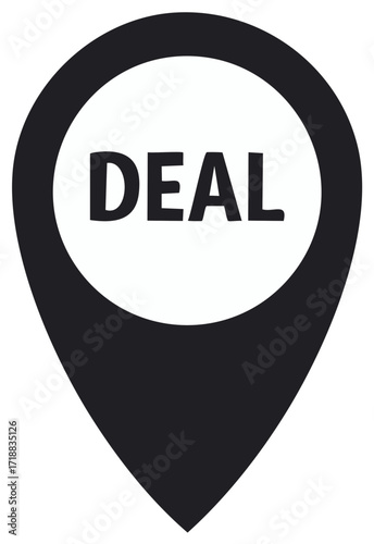 Deal location pin icon for local sales and shopping promotion. Black map pointer vector for finding offers.