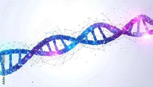A futuristic digital illustration of a glowing DNA double helix structure, rendered in vibrant blue and purple neon with a complex plexus network effect on a white background