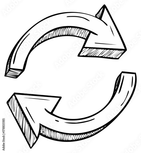 Hand drawn refresh and recycle symbol with two circular arrows in a continuous loop doodle illustration.