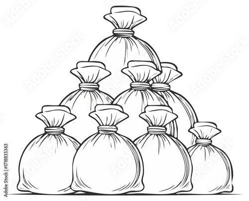 Stacked bags with tied tops, outlined in black and white forming a pyramid shape