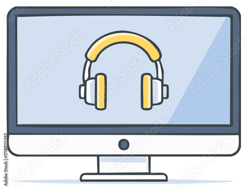 Hand drawn computer monitor with headphones on screen for listening to online music or sound podcasts digital audio illustration