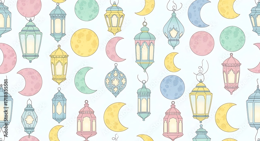 Fototapeta premium Ramadan Festive Background Pastel Lanterns Moons.