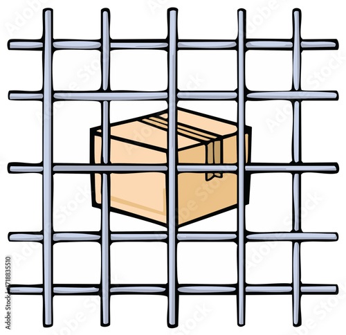 Cardboard box behind security bars representing restricted or delayed delivery