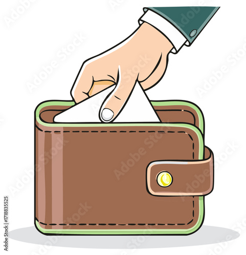 Cartoon illustration of a hand putting money or a card into a brown leather wallet.