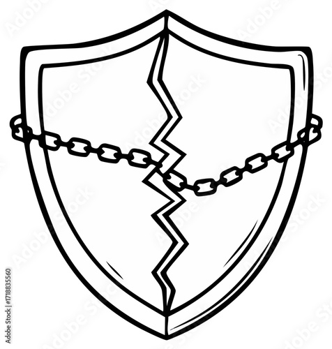 Cracked shield contour with chain, symbolizing weakness, vulnerability, and broken defense in monochrome illustration