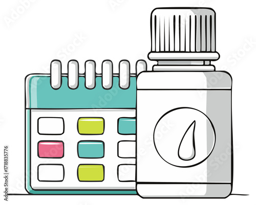 Essential oil in bottle and schedule for organizing daily plans, reminder to take medicine or vitamins, health appointment