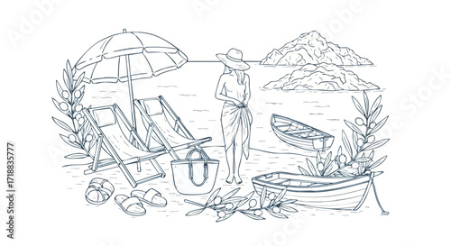 Serene beach scene with a woman in a sun hat, lounge chairs, umbrella, and boats, evoking peaceful vacation vibes and Mediterranean charm.