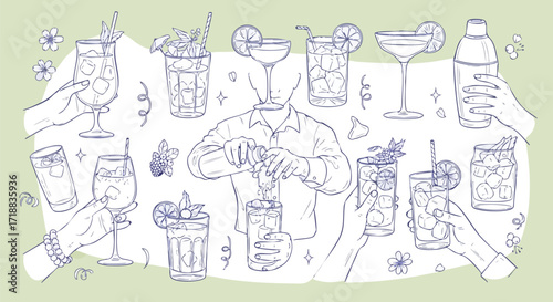 Cheers to refreshing moments! Expertly crafted cocktails and hands toasting in a vibrant, celebratory scene perfect for summer promotions.