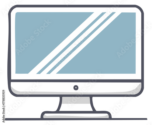 Desktop Computer Monitor with Screen Reflections Simple Line Drawing for Home Office or Business Technology, Isolated