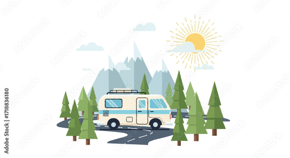 Obraz premium A flat vector illustration of a camper van on the road, surrounded by pine trees and mountains in the background, with a bright sun and a few clouds in the sky