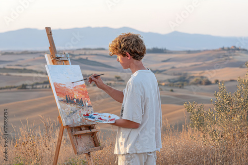 young artist stands before easel painting picturesque tuscan hill under dreamy sunset