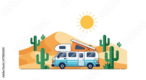 A flat vector illustration of a camper van parked in the desert, with sand dunes, cactus plants, and a bright sun in the background