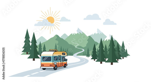 A flat vector illustration of a camper van on the road, surrounded by pine trees and mountains in the background