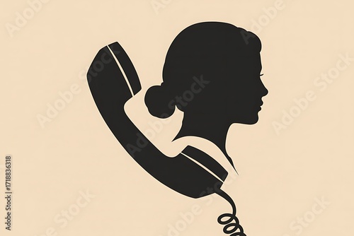 Elegant silhouette of a woman on a vintage telephone, connecting with customers, perfect for retro branding or call center services