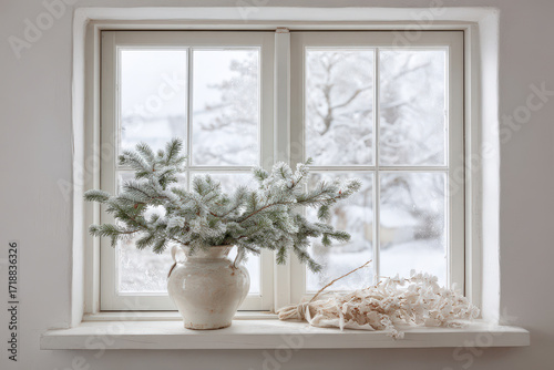 winter scene featuring pristine window adorned with beautiful spruce branch evoking serene holiday atmosphere
