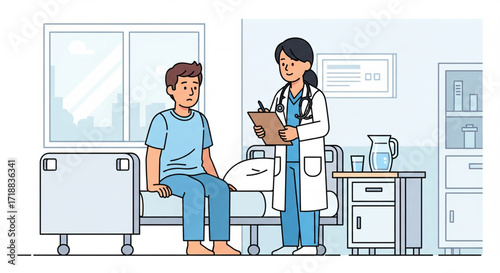 A doctor in a white coat consults with a patient sitting on a hospital bed, taking notes.